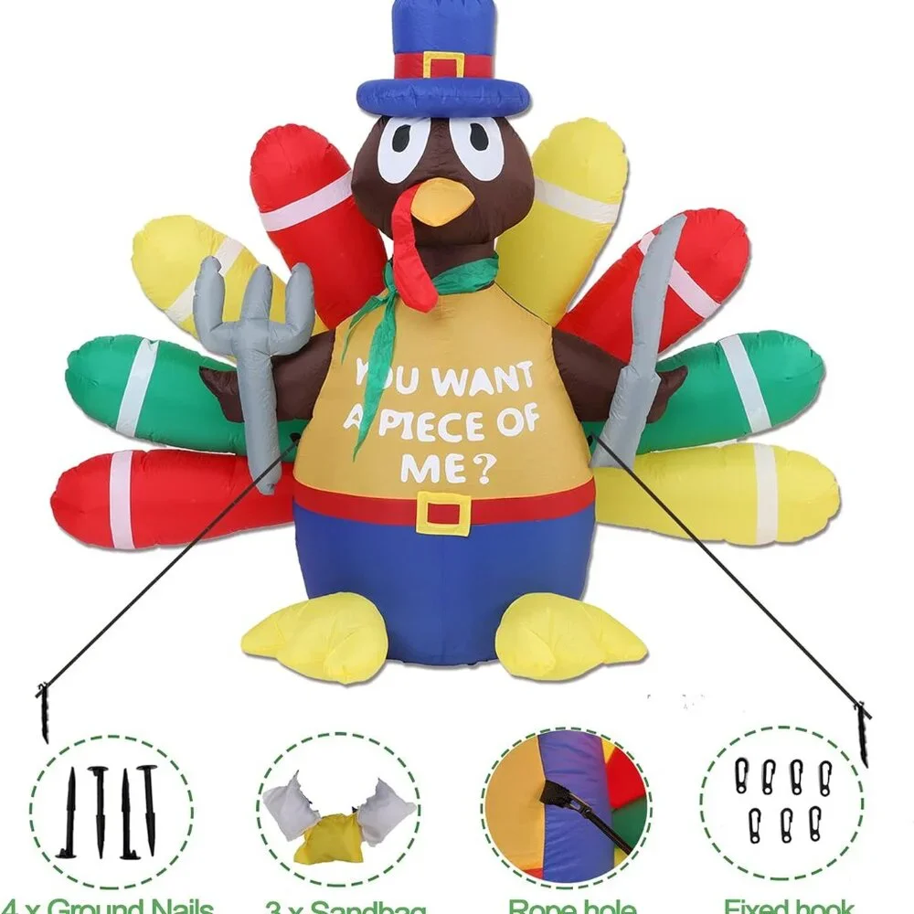 Thanksgiving Inflatable Turkey Lawn Decoration - 5FT LED Light Up Autumn Pilgrim